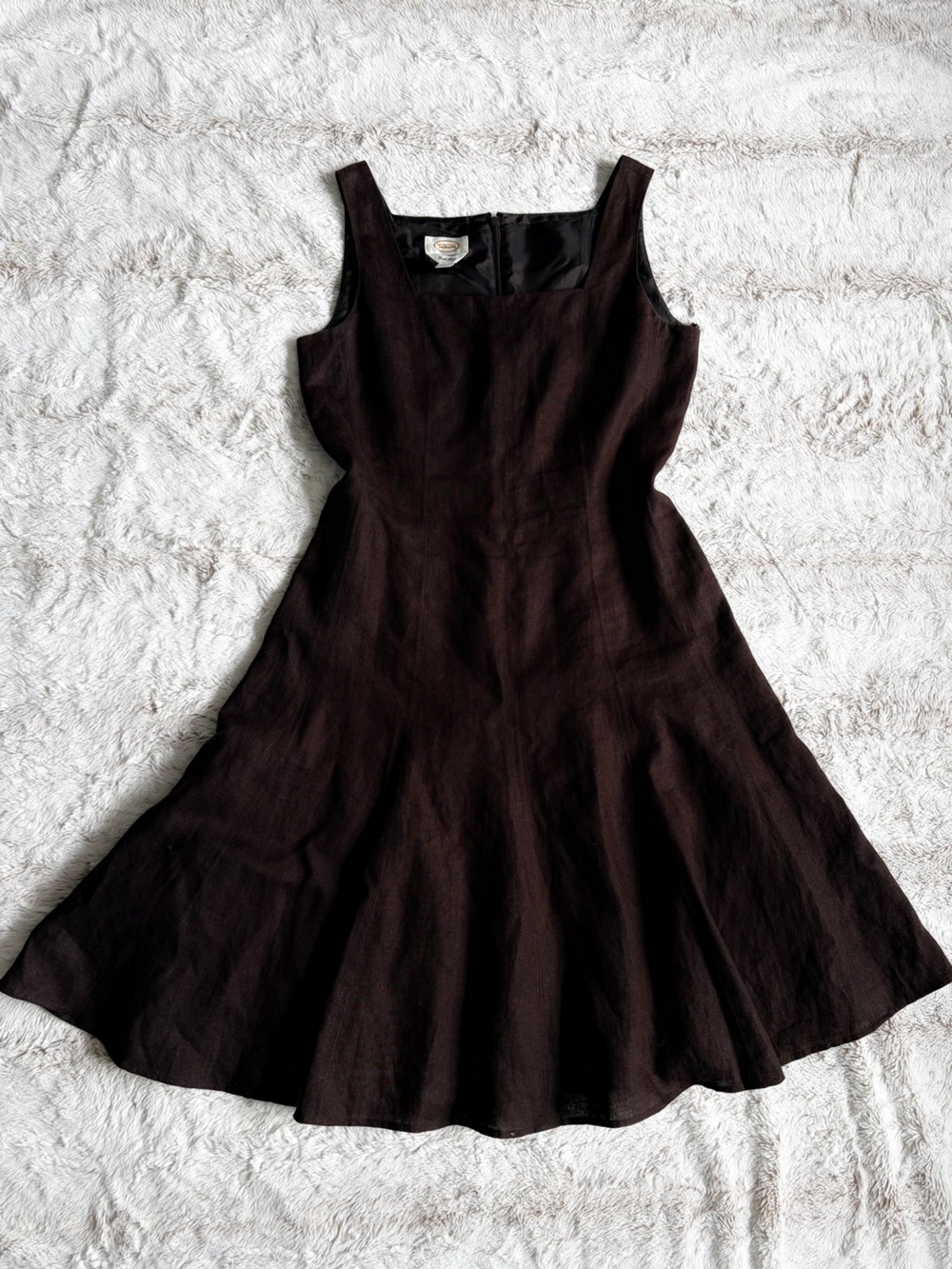 Y2K 100% Linen Vintage Talbots Brown Fitted Waist Flare Midi Dress Cottage-core